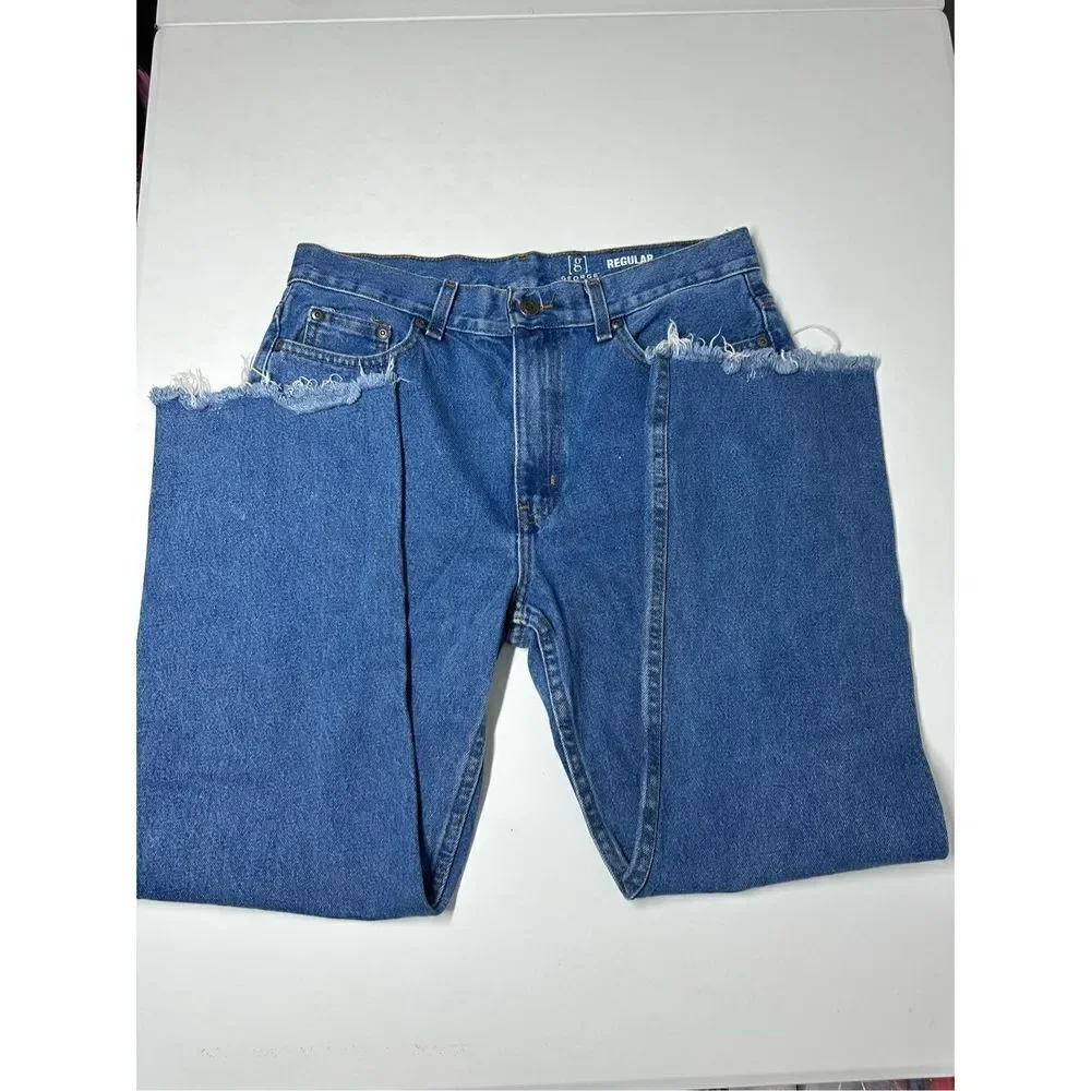 George Mens Regular Jeans Cropped Blue Denim Distressed 31X26 Frayed Hem Pockets